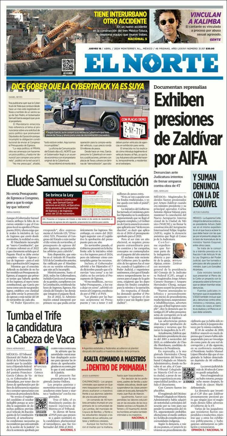 Portada de El Norte (M&eacute;xico)