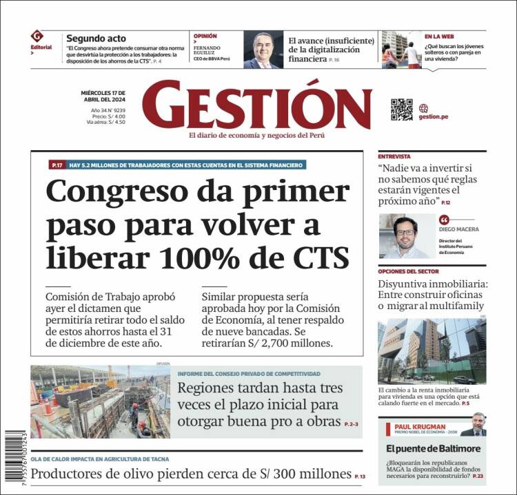 Portada de Diario Gestión (Perú)