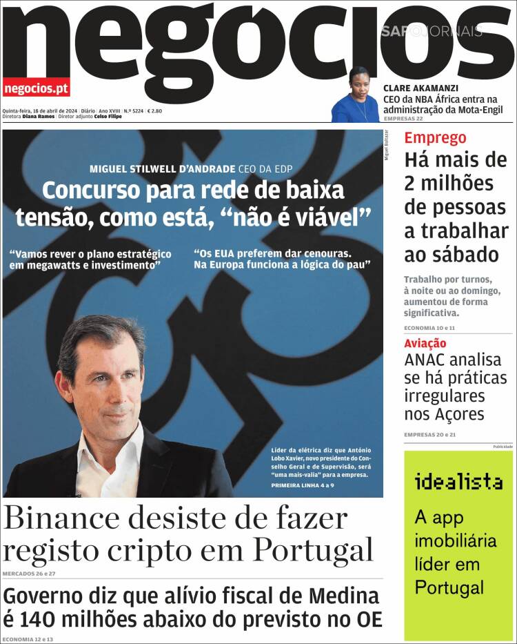 Portada de Jornal de Negócios (Portugal)