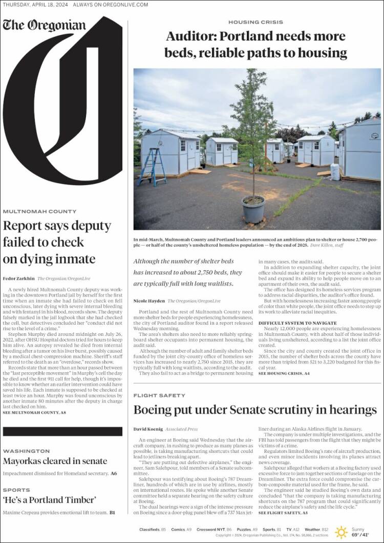 Portada de The Oregonian (USA)