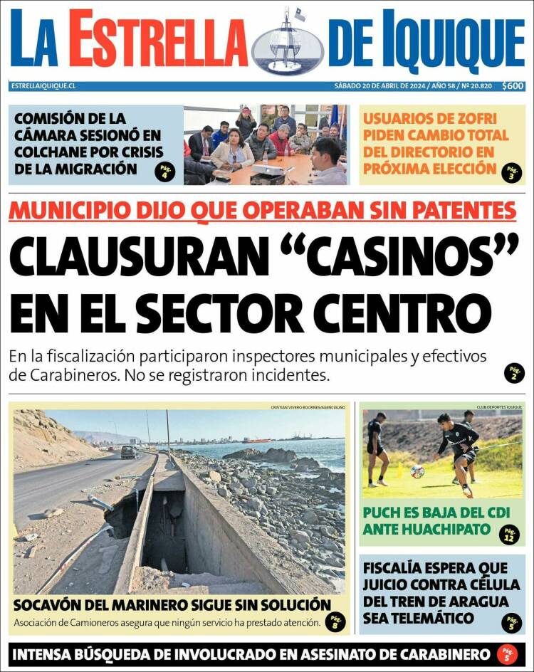 Portada de La Estrella de Iquique (Chile)
