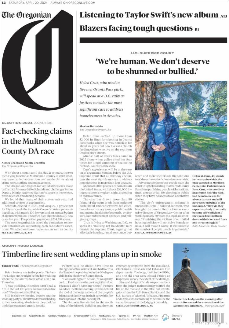 Portada de The Oregonian (USA)