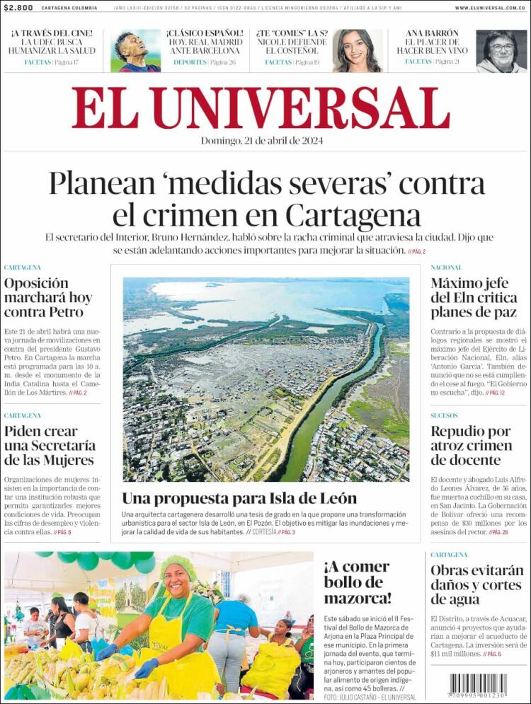 Portada de El Universal (Colombia)