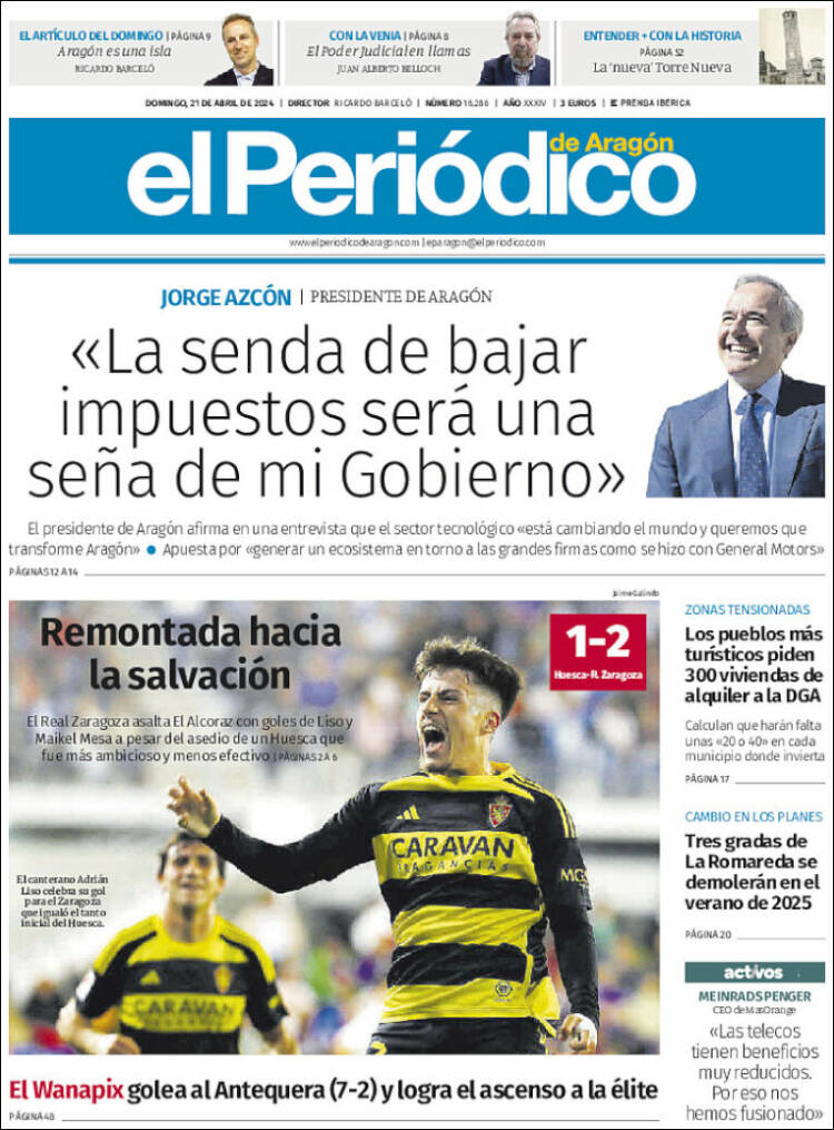 Portada de El Periódico de Aragón (España)