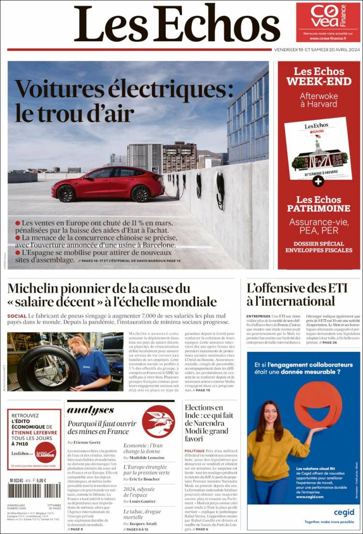 Portada de Les Echos (Francia)