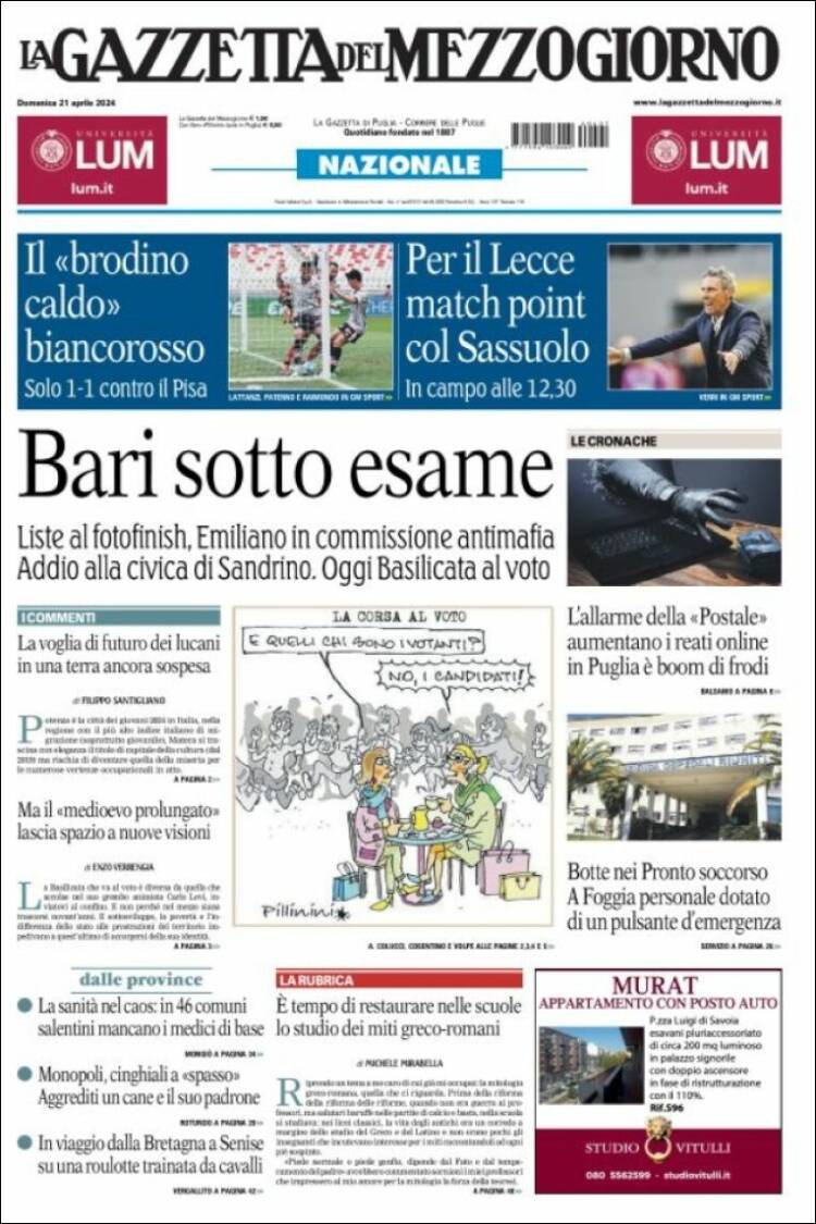 Portada de La Gazzetta del Mezzogiorno (Italia)