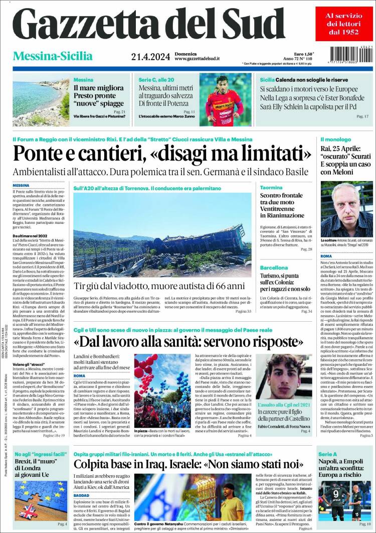 Portada de Gazzetta del Sud (Italia)