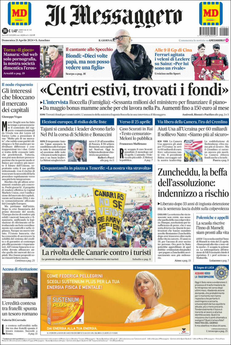 Portada de Il Messaggero (Italia)