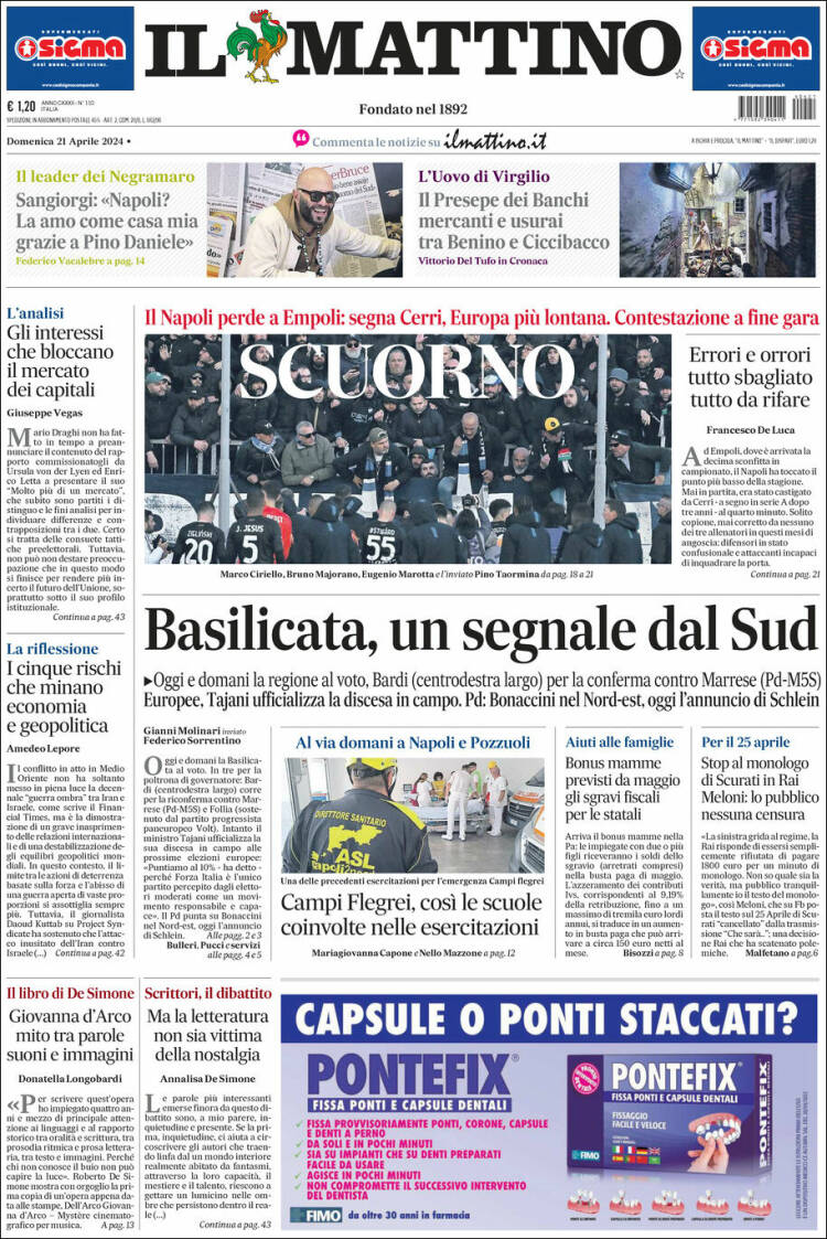 Portada de Il Mattino (Italia)