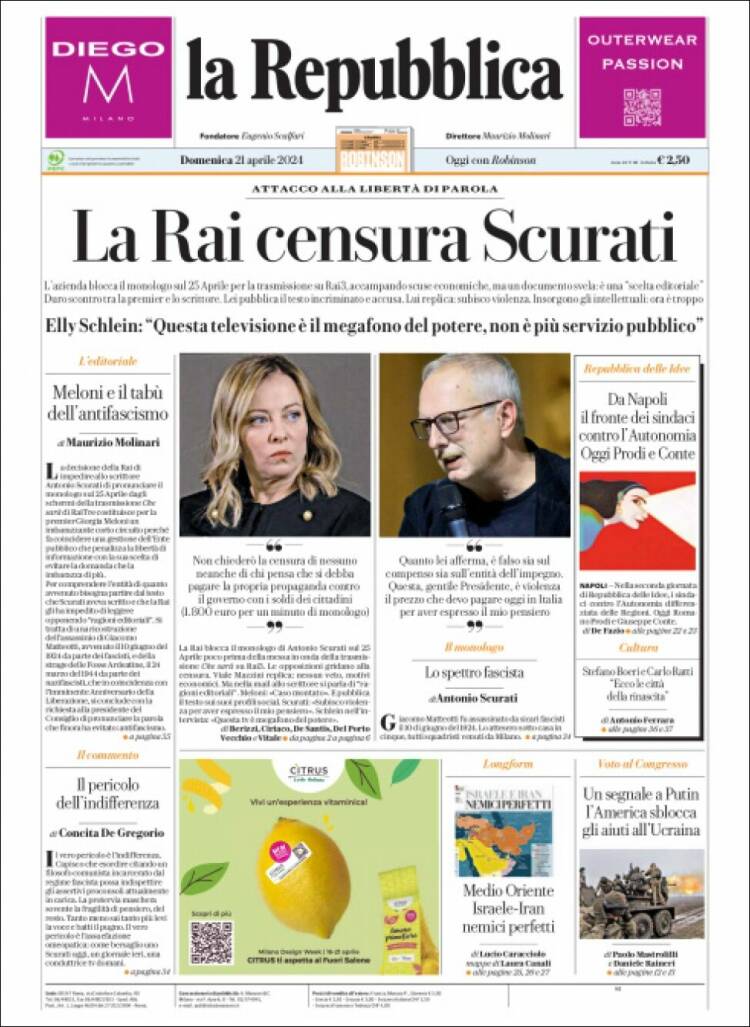 Portada de La Repubblica (Italia)