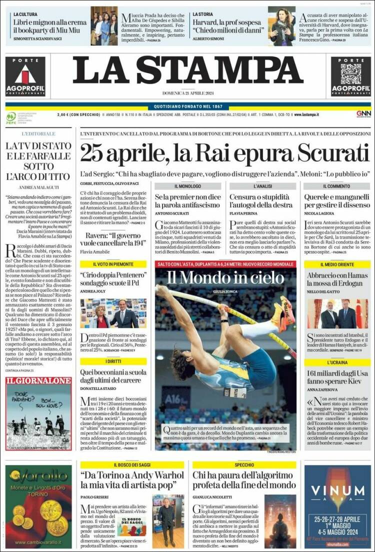 Portada de La Stampa (Italia)
