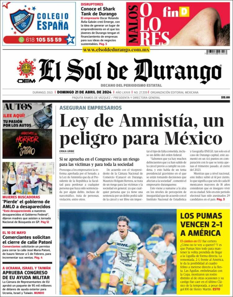 Portada de El Sol de Durango (M&eacute;xico)