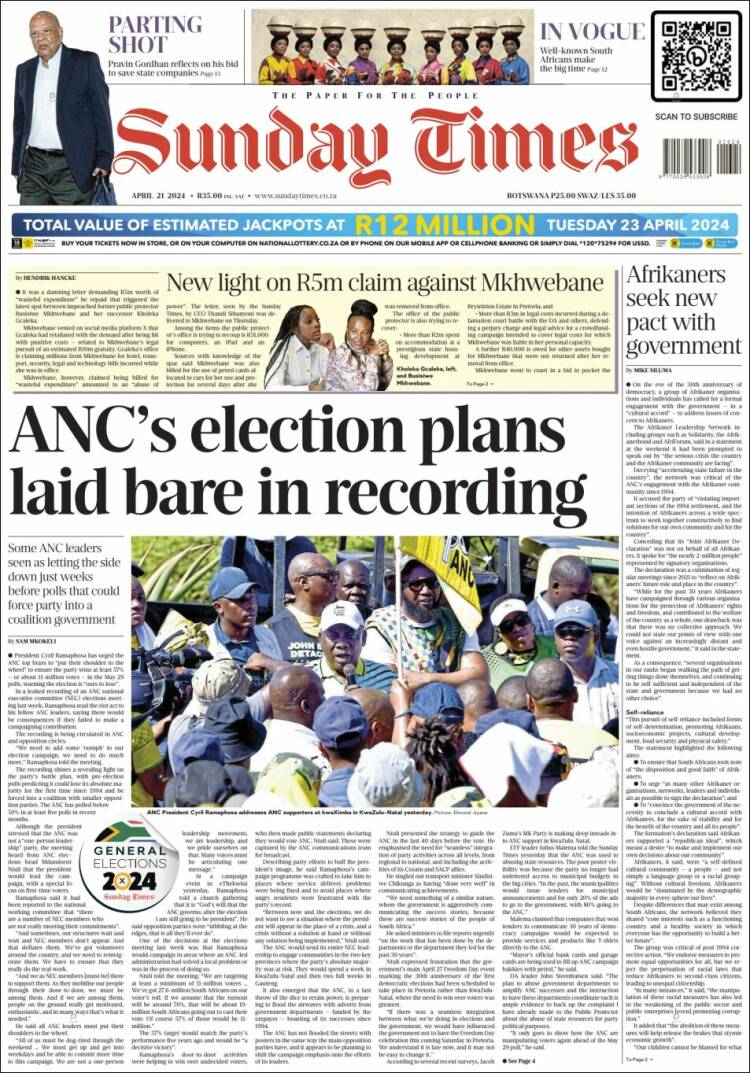 Portada de The Times (Sud&aacute;frica)