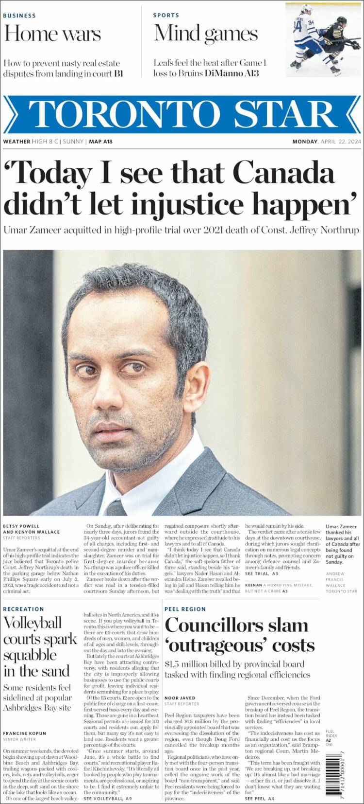 Portada de The Toronto Star (Canadá)