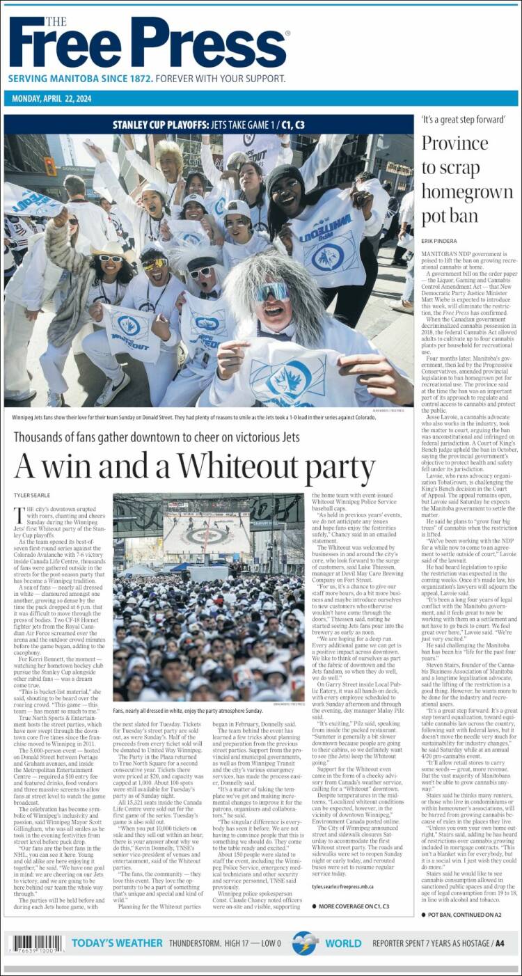 Portada de Winnipeg Free Press (Canadá)