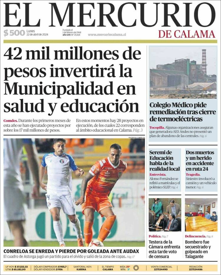 Portada de El Mercurio - Calama (Chile)