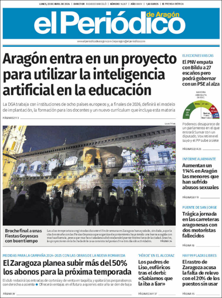 Portada de El Periódico de Aragón (España)