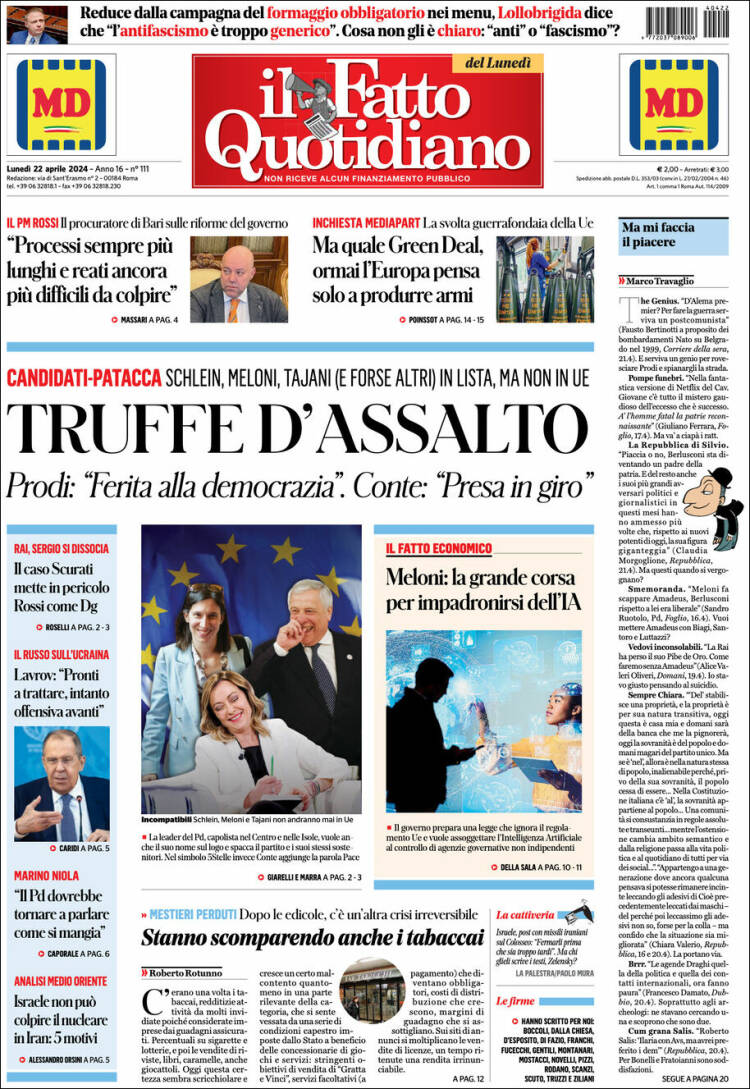 Portada de Il Fatto Quotidiano (Italia)