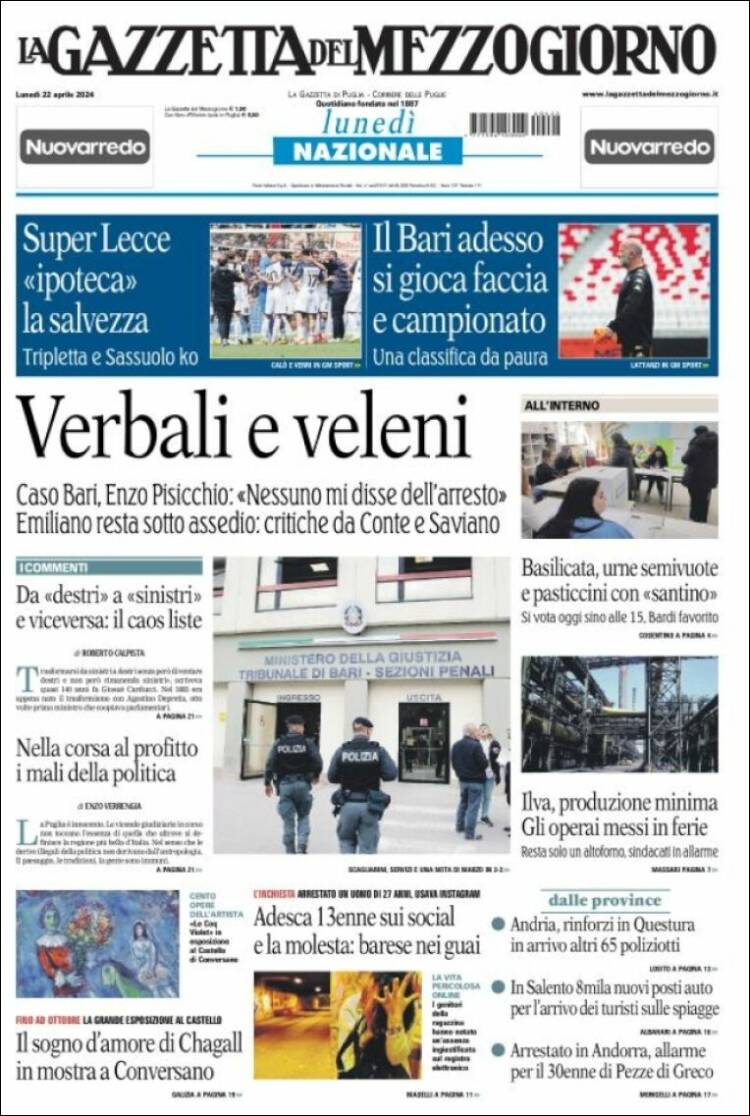 Portada de La Gazzetta del Mezzogiorno (Italia)