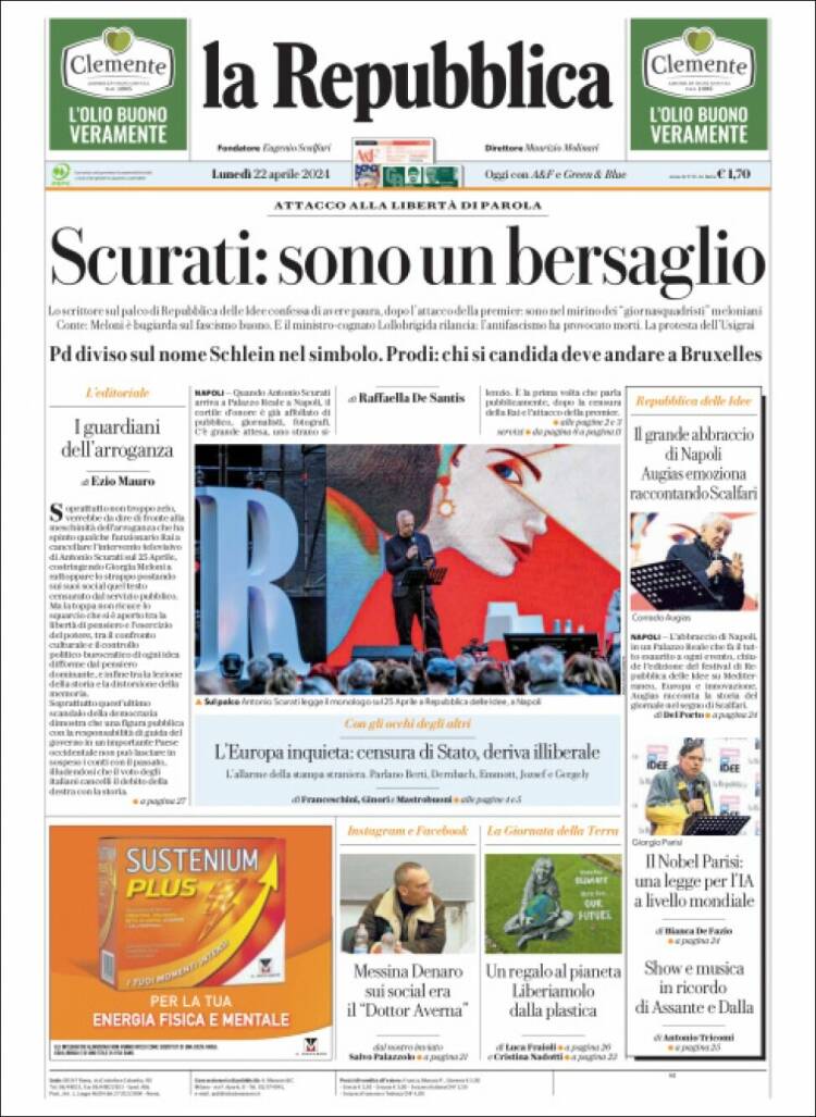 Portada de La Repubblica (Italia)