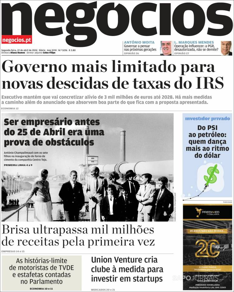 Portada de Jornal de Negócios (Portugal)