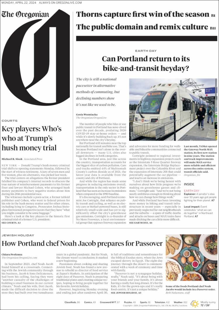 Portada de The Oregonian (USA)