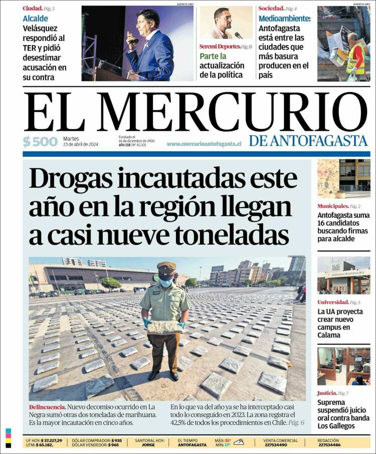 Portada de El Mercurio de Antofagasta (Chile)