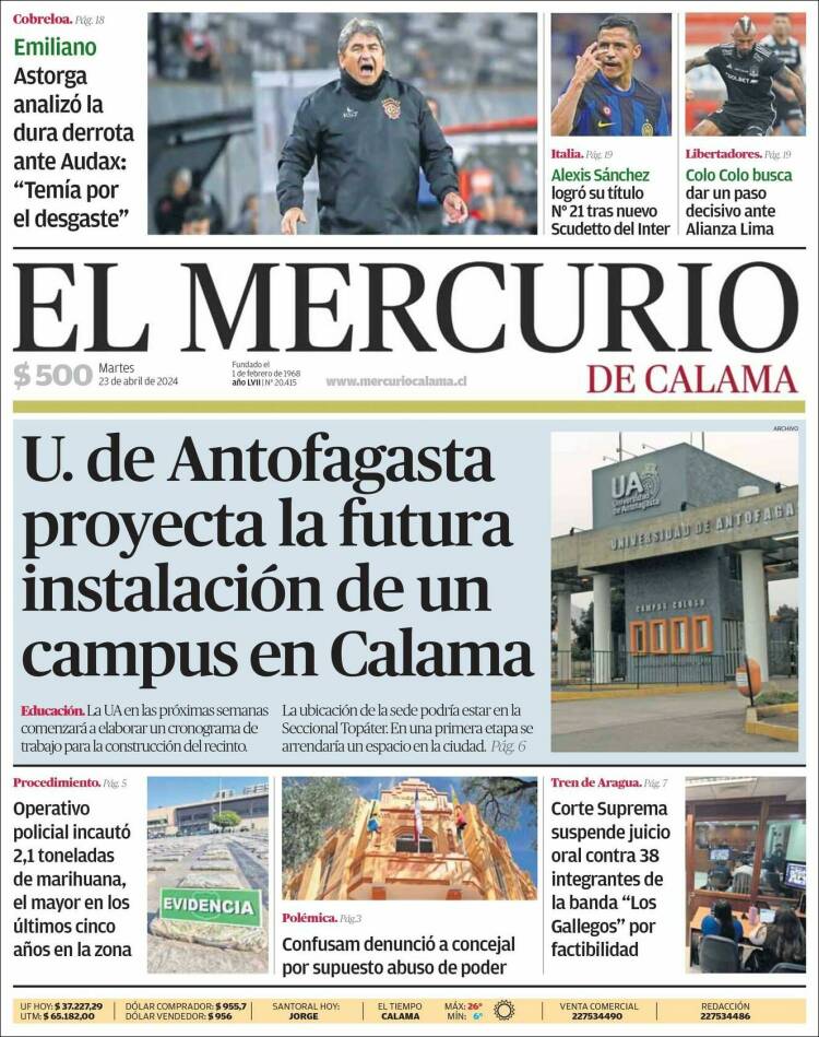 Portada de El Mercurio - Calama (Chile)