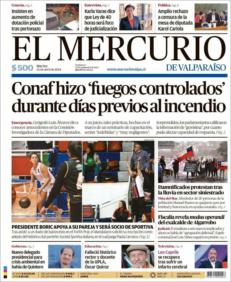Portada de Mercurio de Valparaiso (Chile)