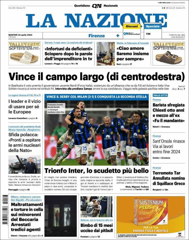Portada de La Nazione (Italia)