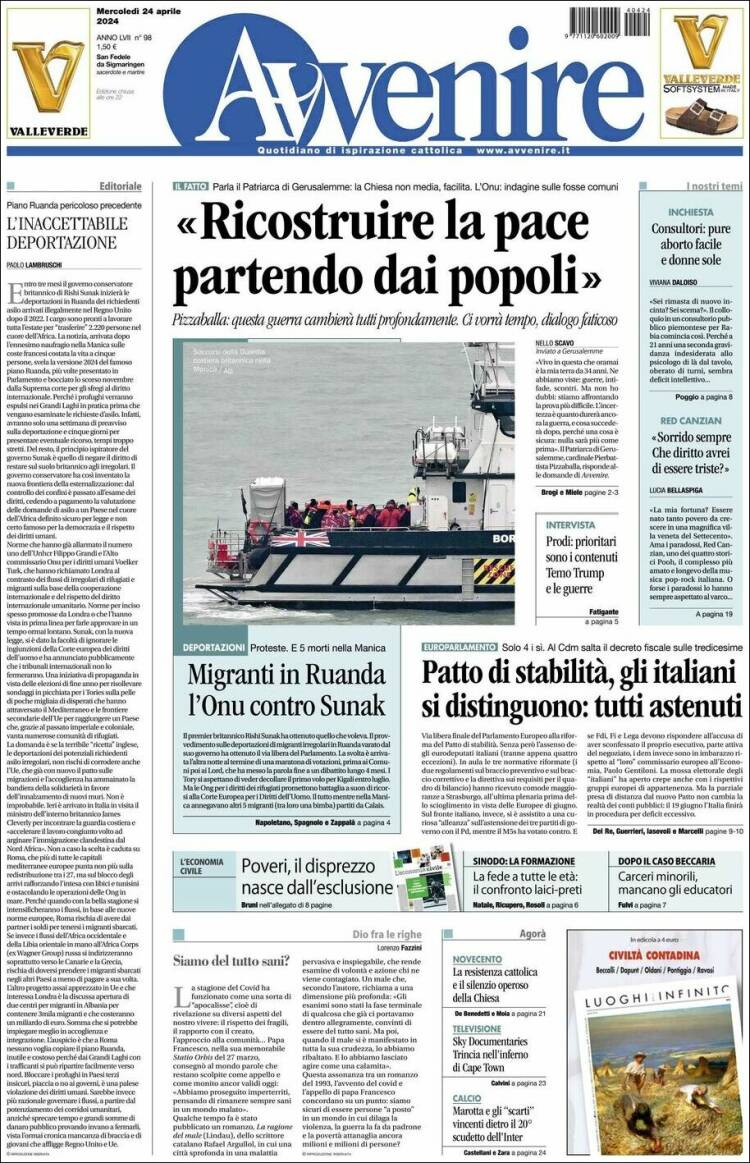 Portada de Avvenire (Italia)