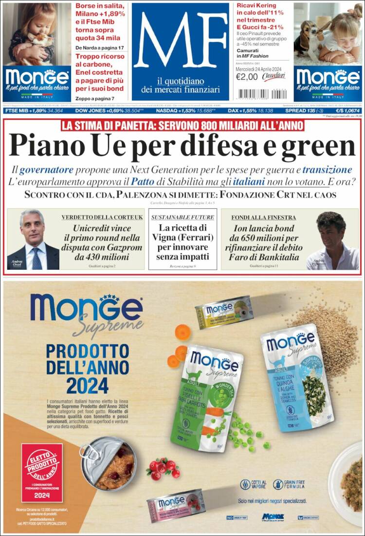 Portada de Milano Finanza (Italia)