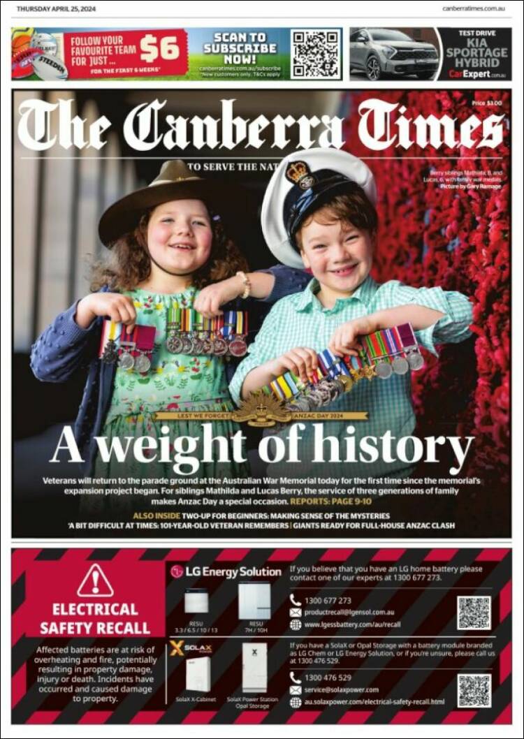 Portada de The Canberra Times (Australia)