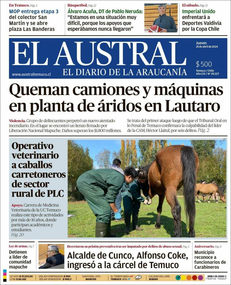 Portada de El Austral de Temuco (Chile)