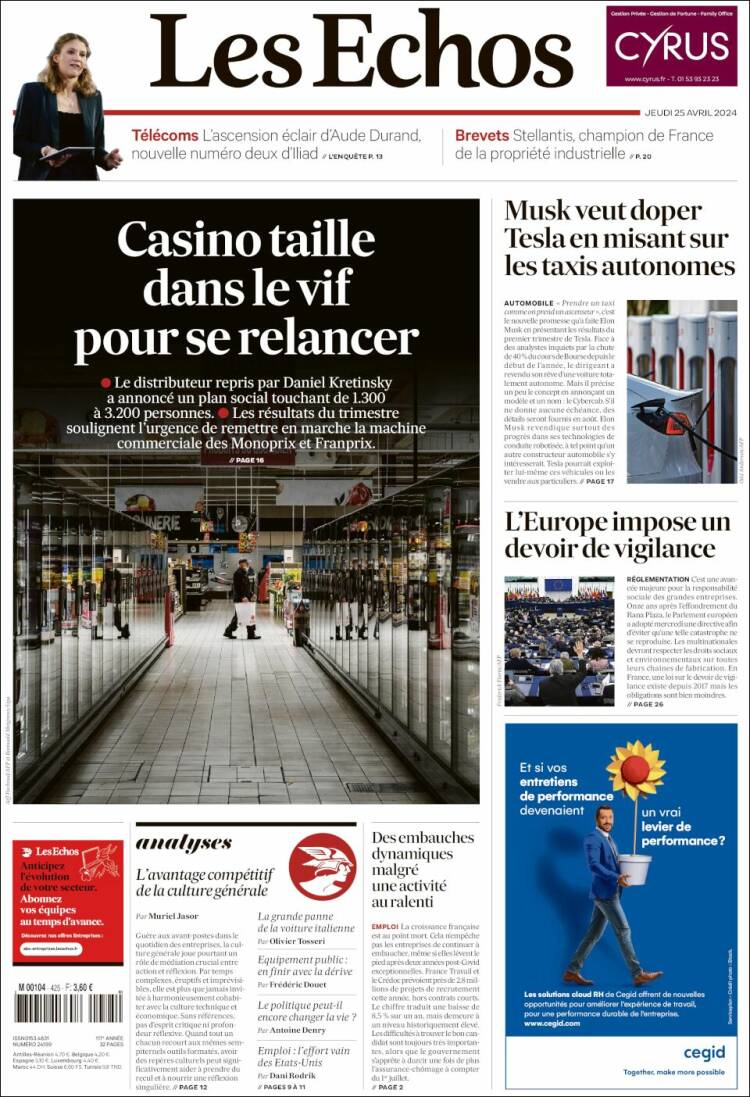 Portada de Les Echos (Francia)