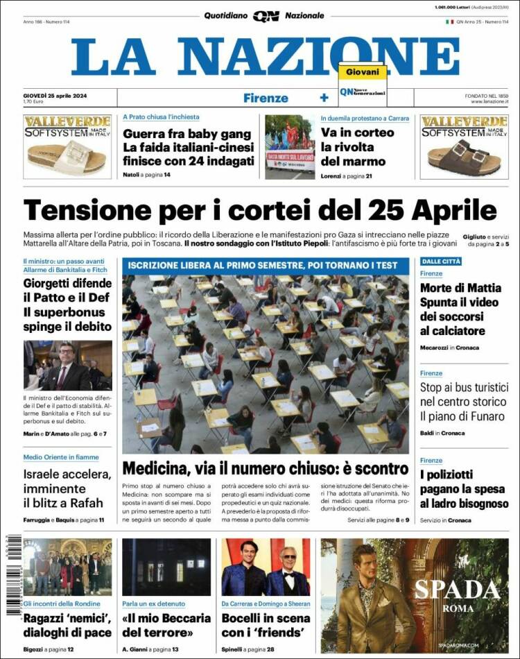 Portada de La Nazione (Italia)