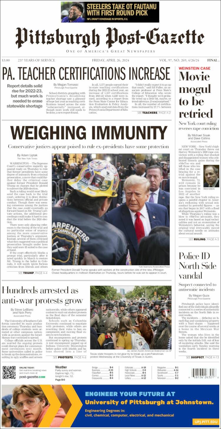 Portada de Pittsburgh Post-Gazette (États-Unis)