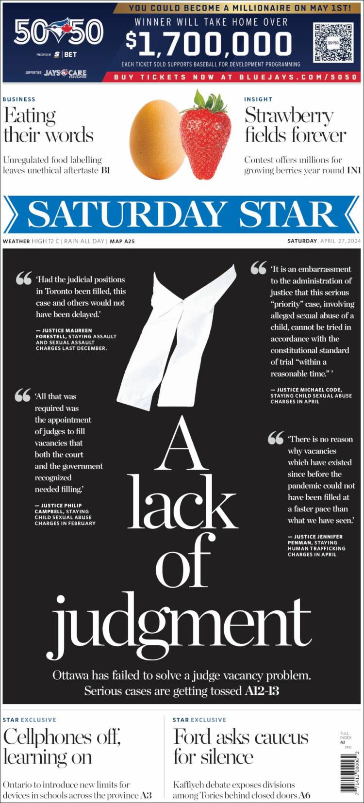 Portada de The Toronto Star (Canadá)