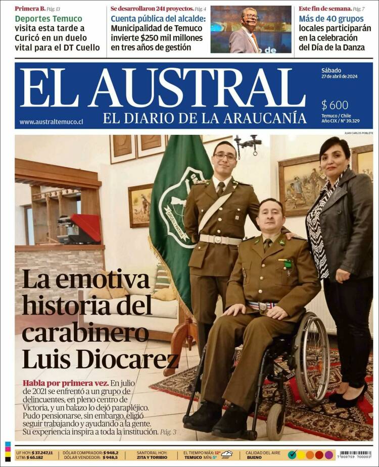 Portada de El Austral de Temuco (Chile)