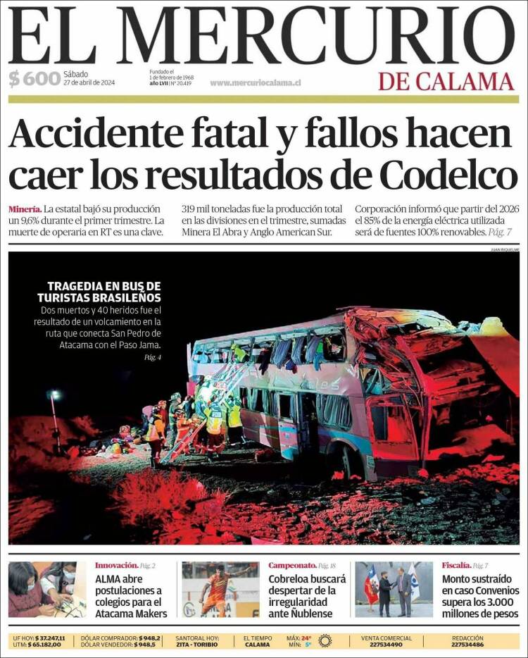 Portada de El Mercurio - Calama (Chile)