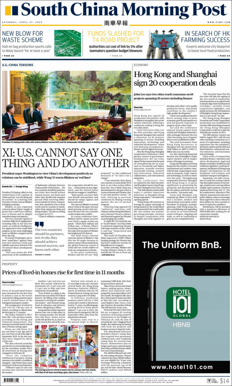 Portada de South China Morning Post (China)