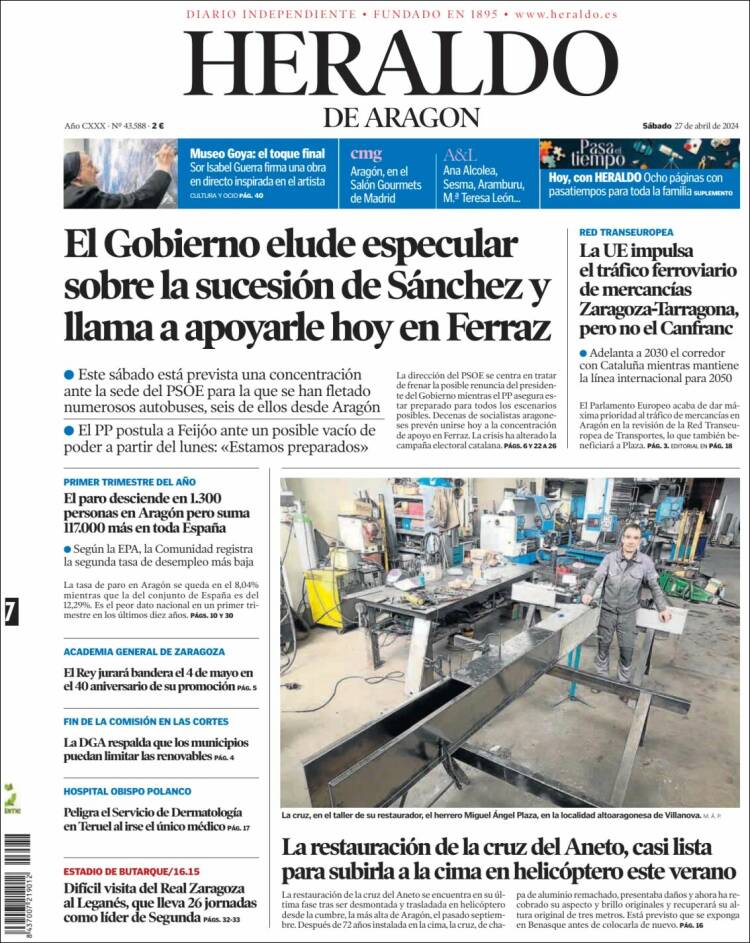 Portada de Heraldo de Aragón (España)