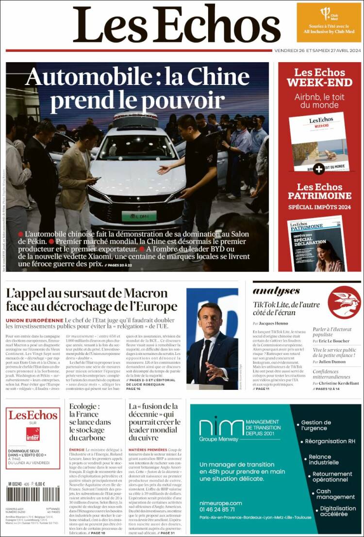 Portada de Les Echos (Francia)