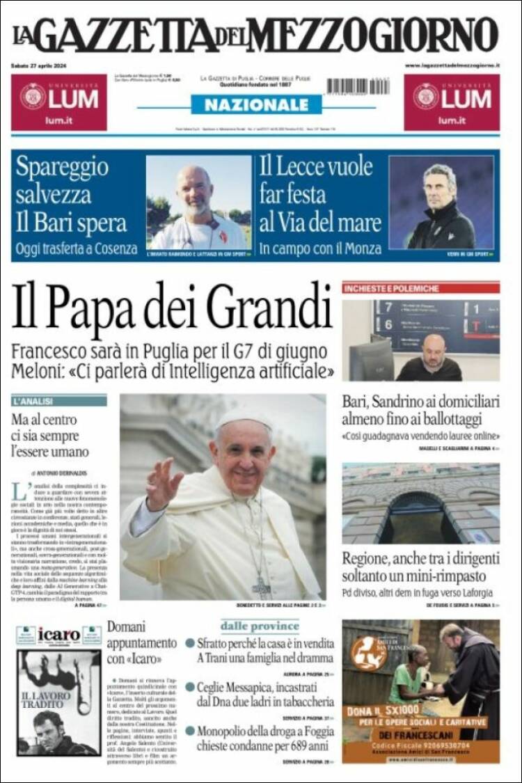 Portada de La Gazzetta del Mezzogiorno (Italia)