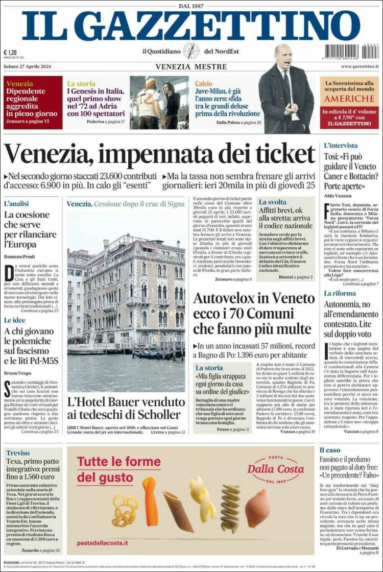 Portada de Il Gazzettino (Italia)