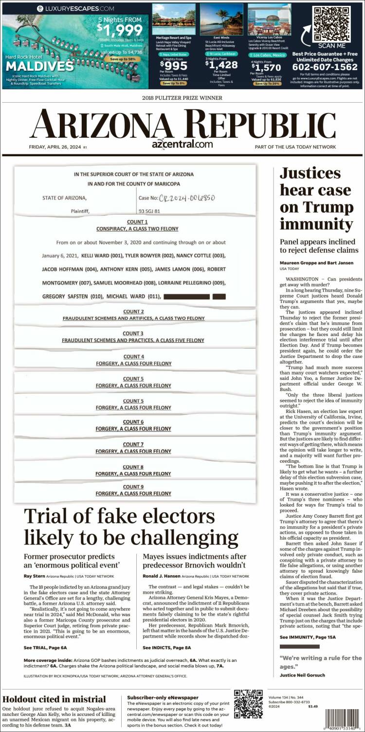 Portada de Arizona Republic News (USA)