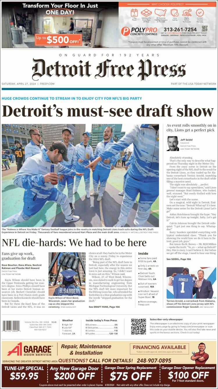 Portada de Detroit Free Press (USA)