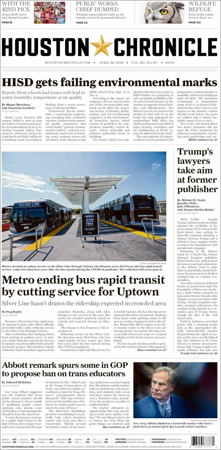 Portada de Houston Chronicle (USA)