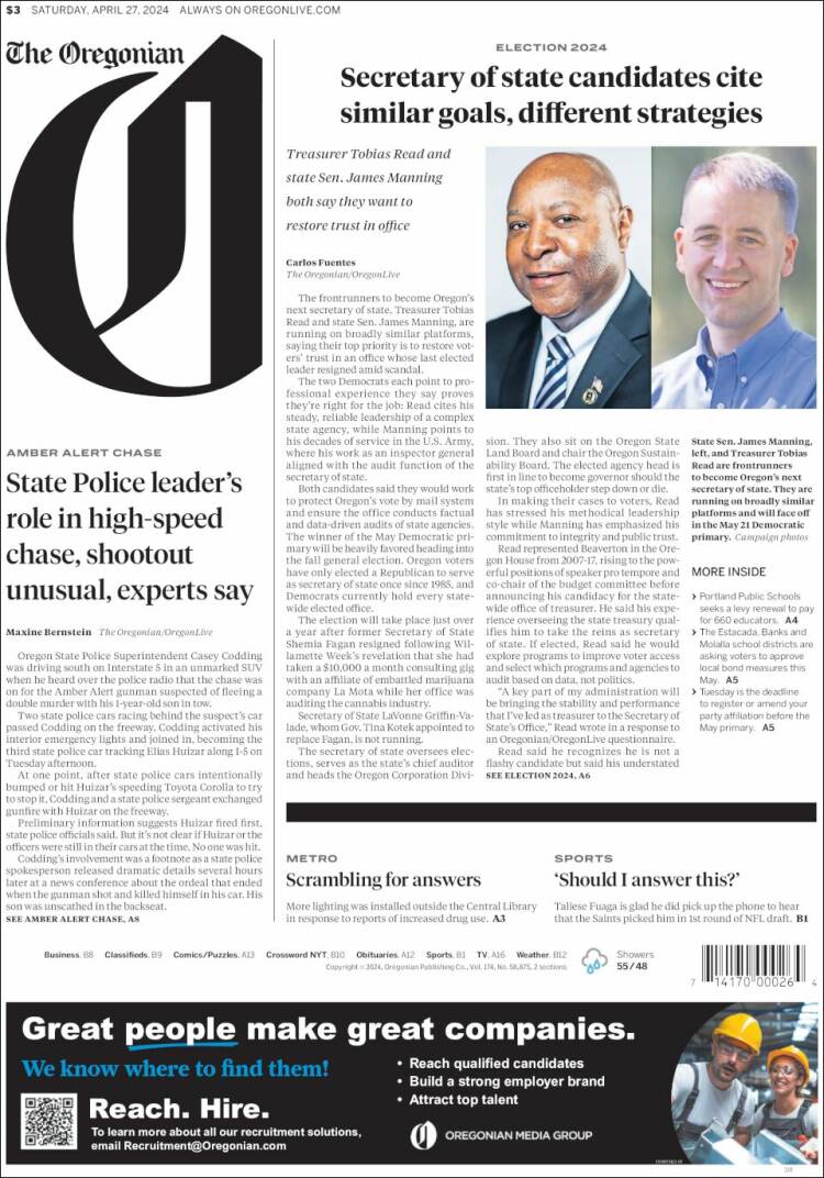 Portada de The Oregonian (USA)