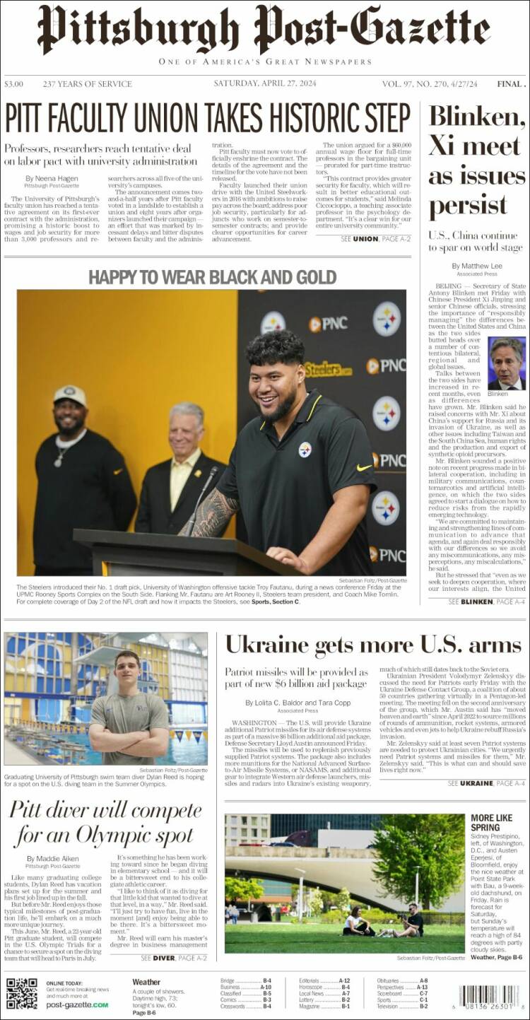 Portada de Pittsburgh Post-Gazette (USA)